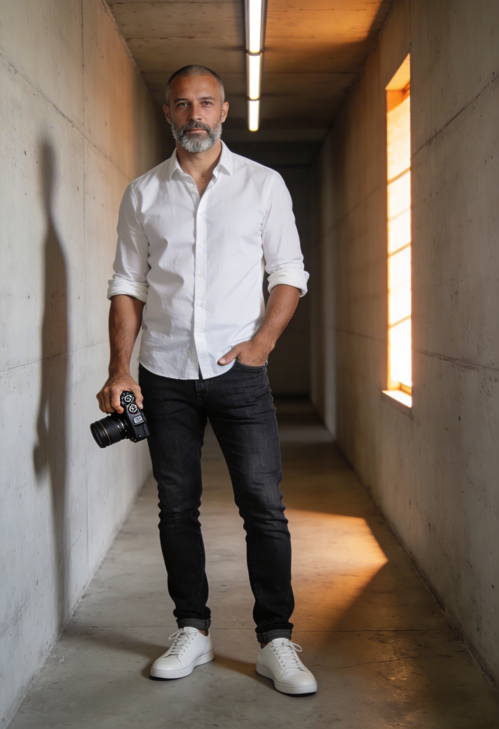 Koridorda duran erkek fotoğrafçılık eğitmeni kamerayla