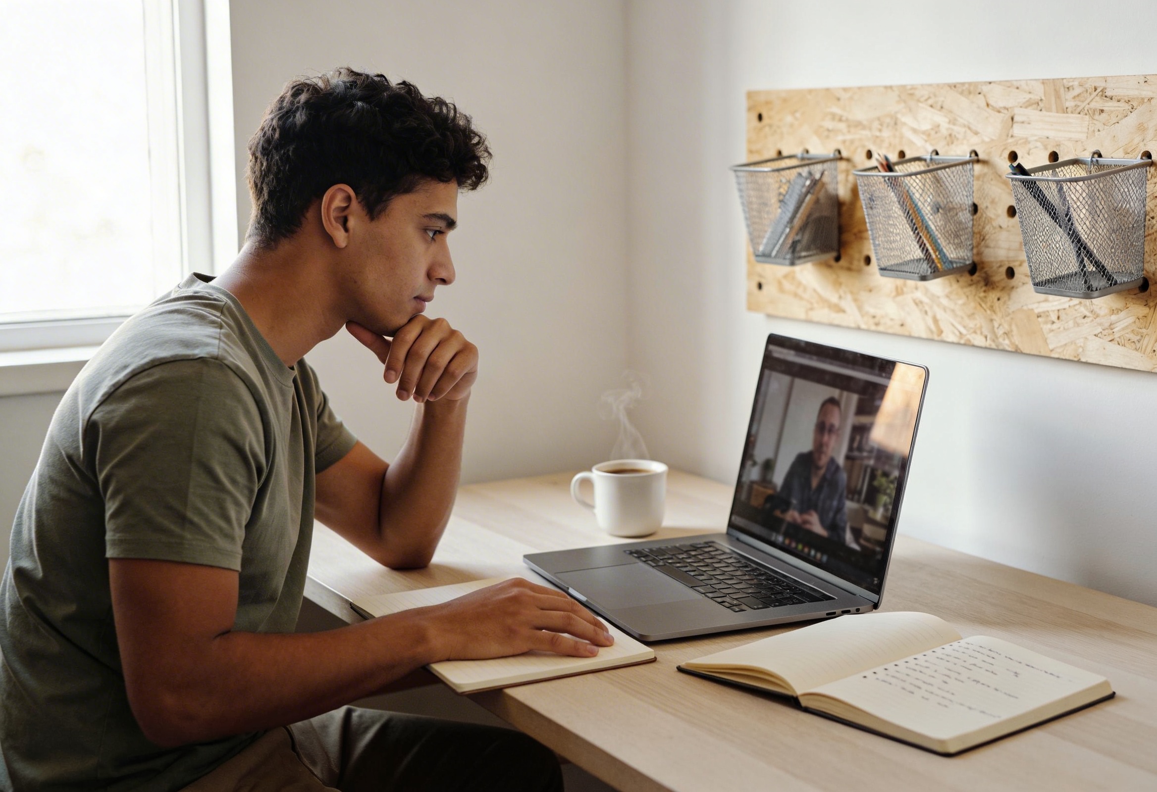 Laptop başında online masterclass izleyen genç erkek öğrenci