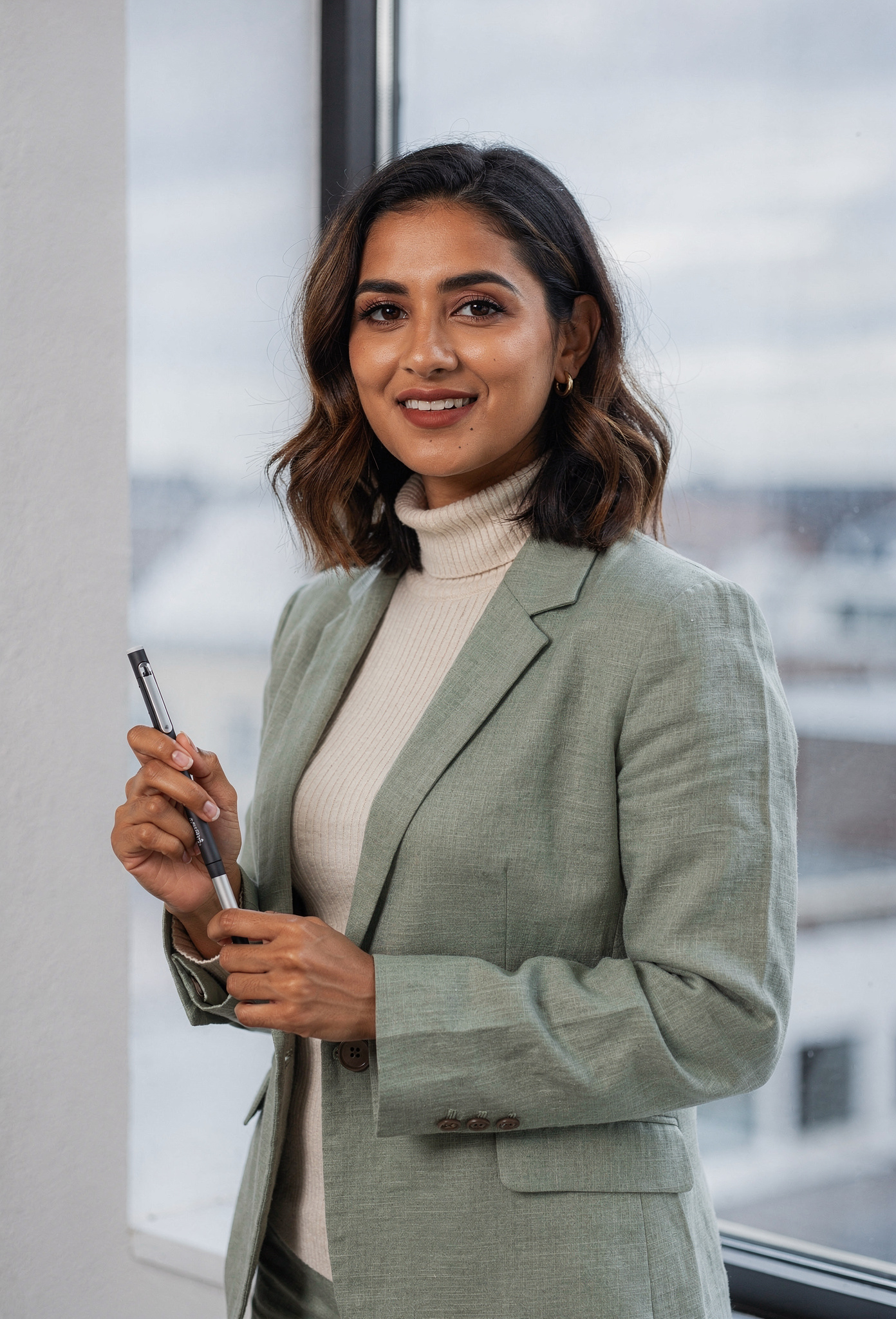 Pencere ışığında duran kadın grafik tasarım eğitmeni