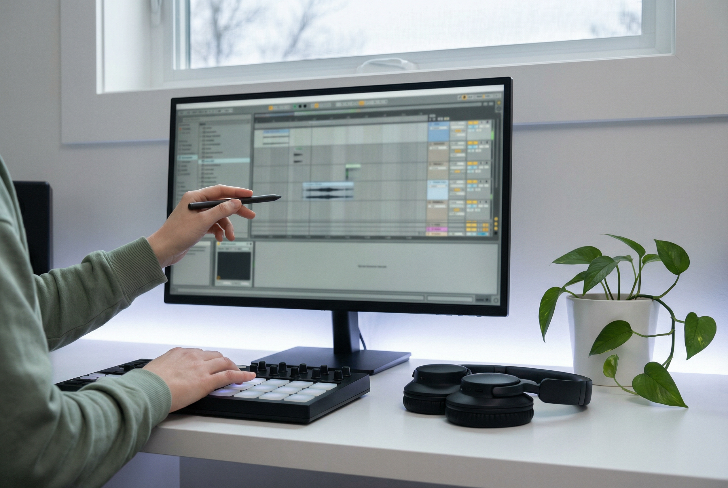 MIDI kontrolcü ve kulaklıkla müzik üreten kadın elleri