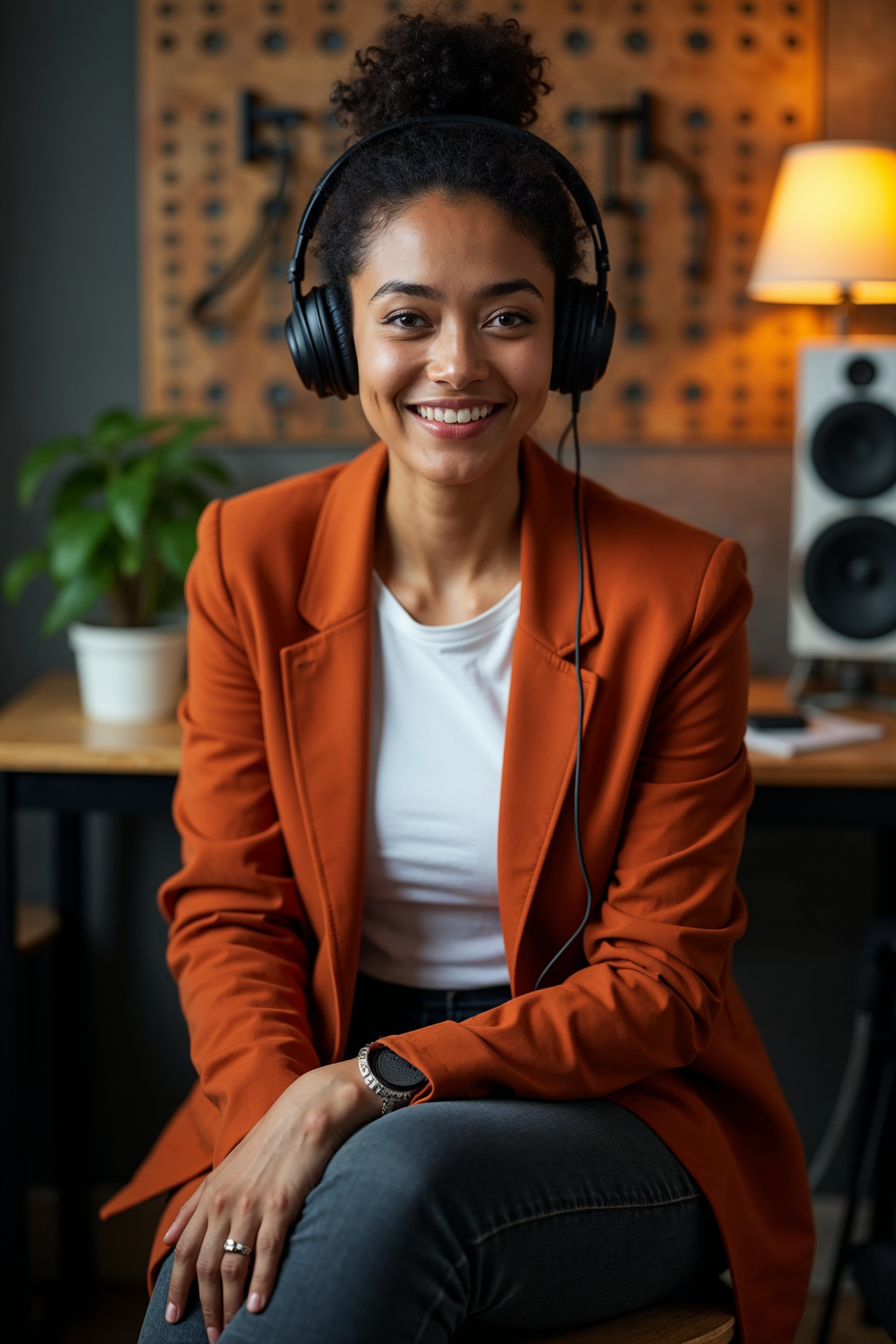 Stüdyo köşesinde oturan müzik prodüksiyonu eğitmeni