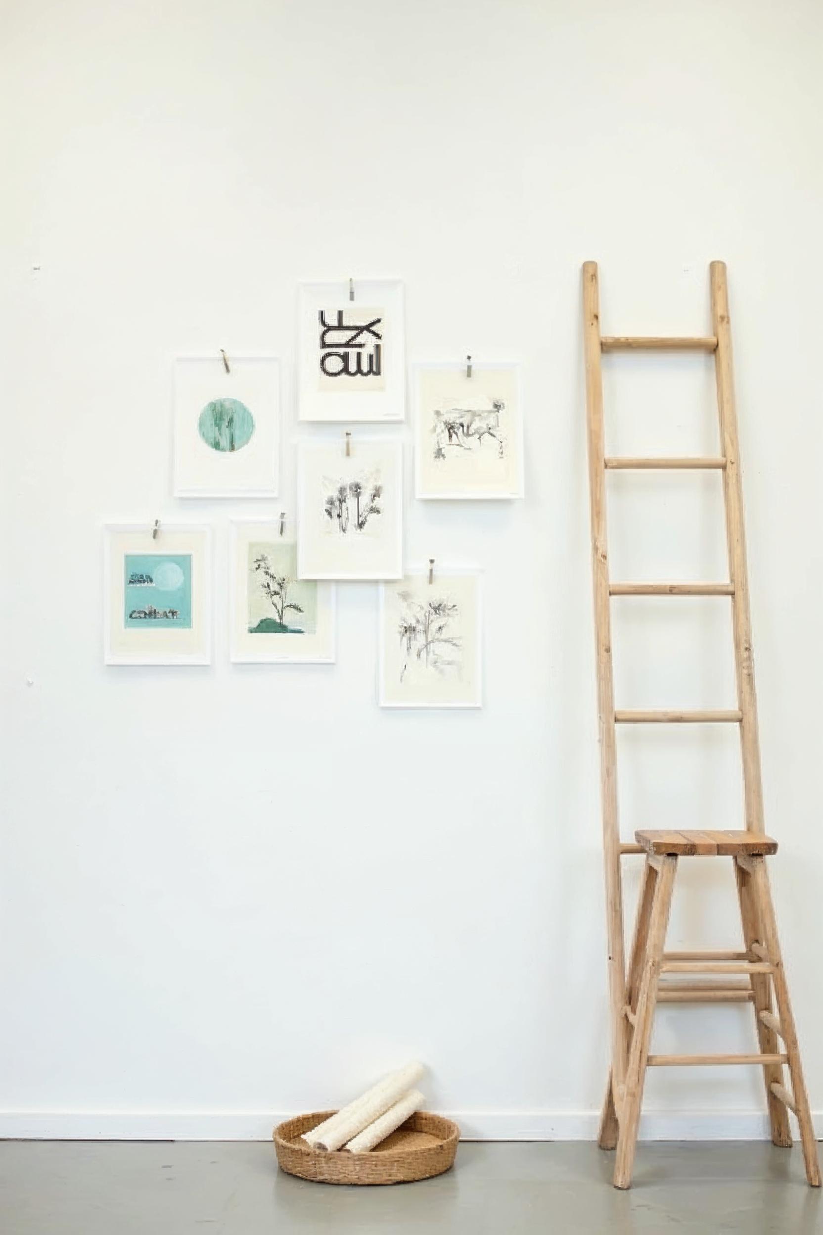 Öğrenci tasarım eserleri sergili beyaz stüdyo duvarı