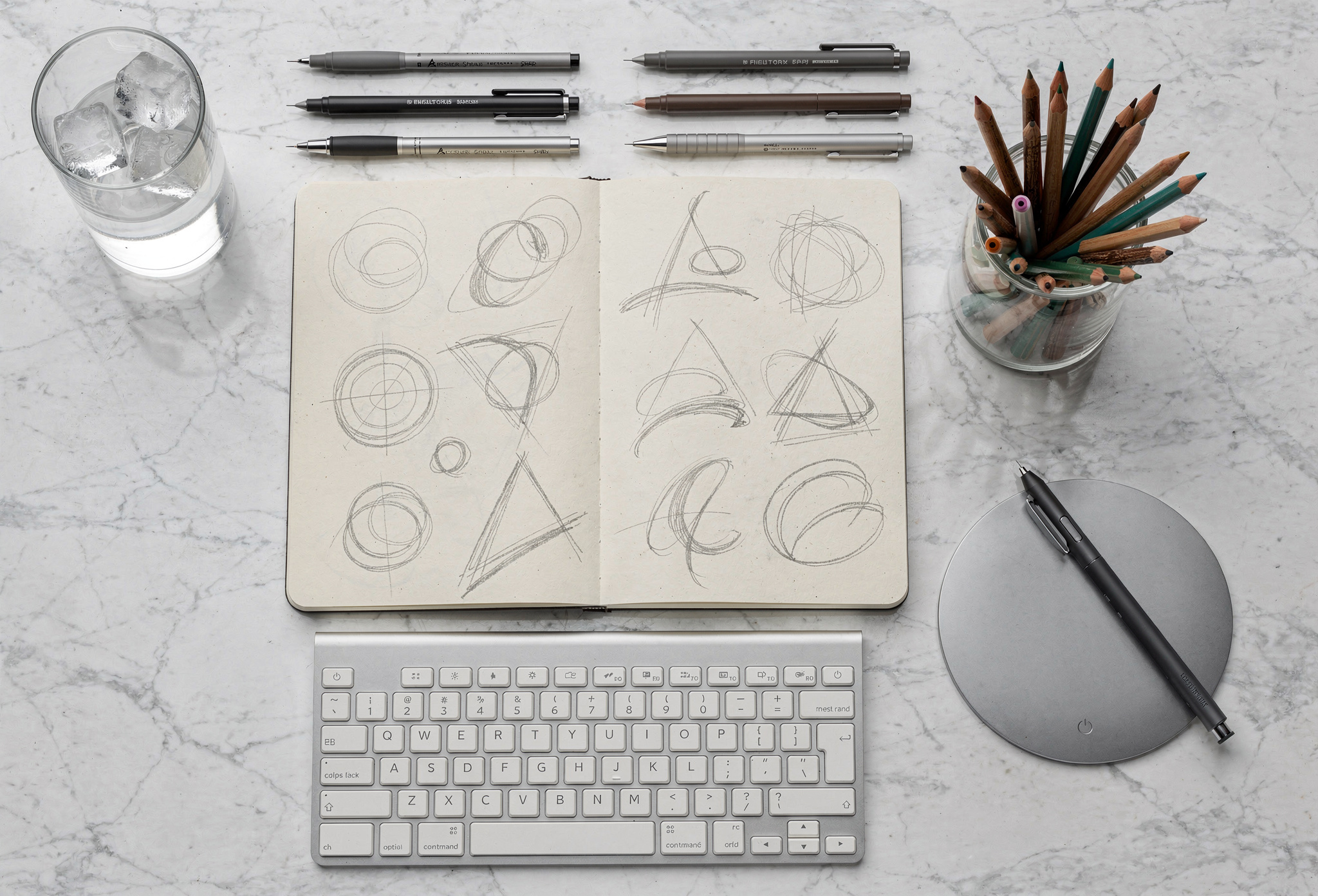 Grafik tasarım araçları ve eskiz defteriyle düzenli çalışma masası